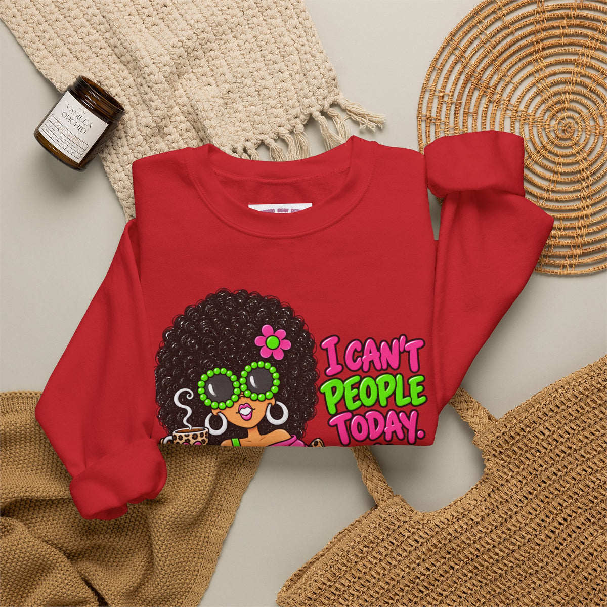 Crewneck Sweatshirt — Retro 'I Can't People Today' Girl & Leopard Graphic