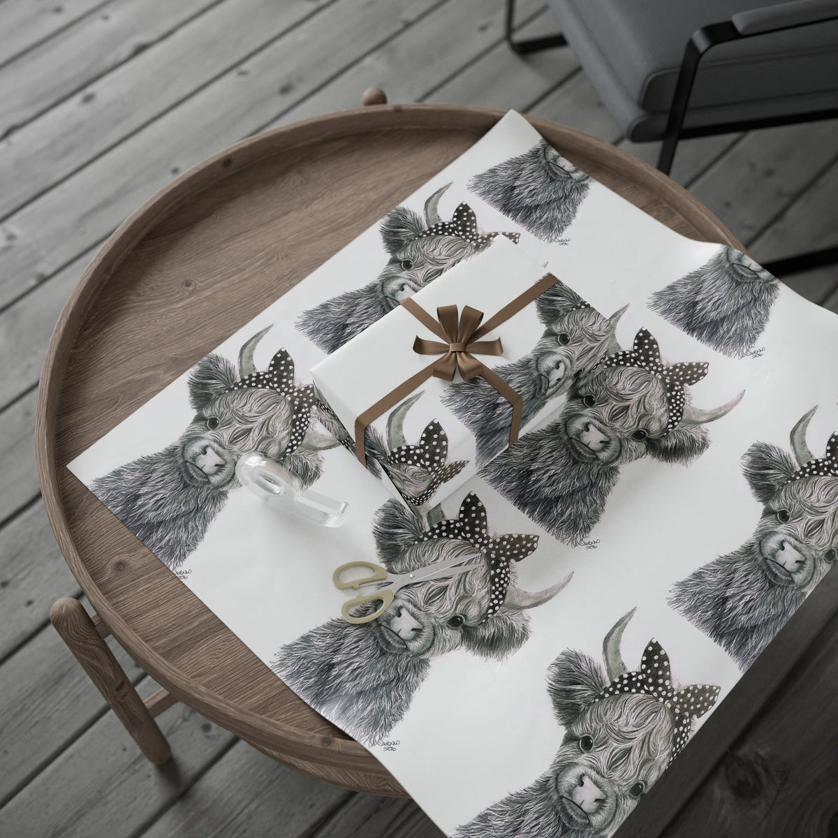Highland Cow Wrapping Paper Roll — Black & White Highland Cattle Gift Wrap