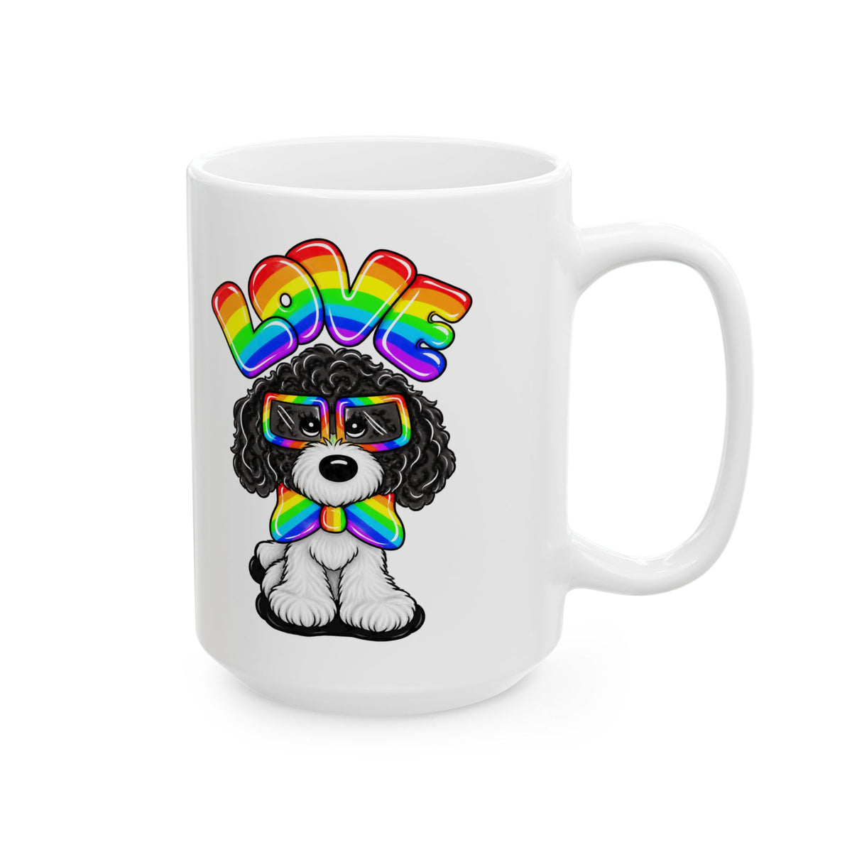 Elmer Ceramic Mug — Rainbow 'Love' Design with Black Dog Illustration (11oz, 15oz)