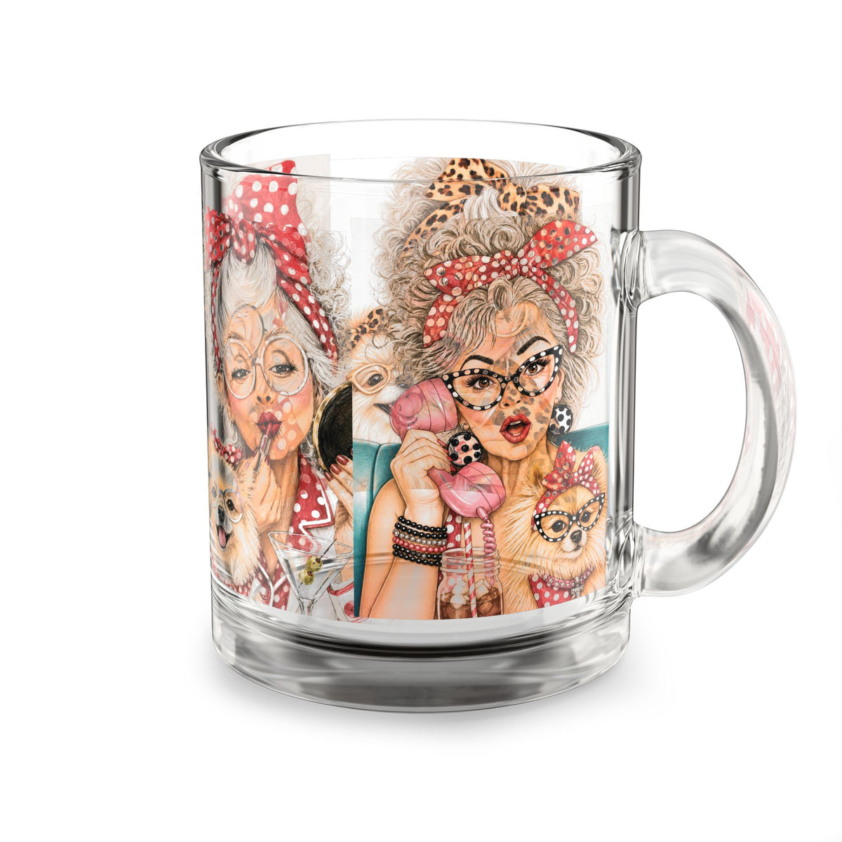 10oz Glass Mug — the faces of Perky Pearl and Latte