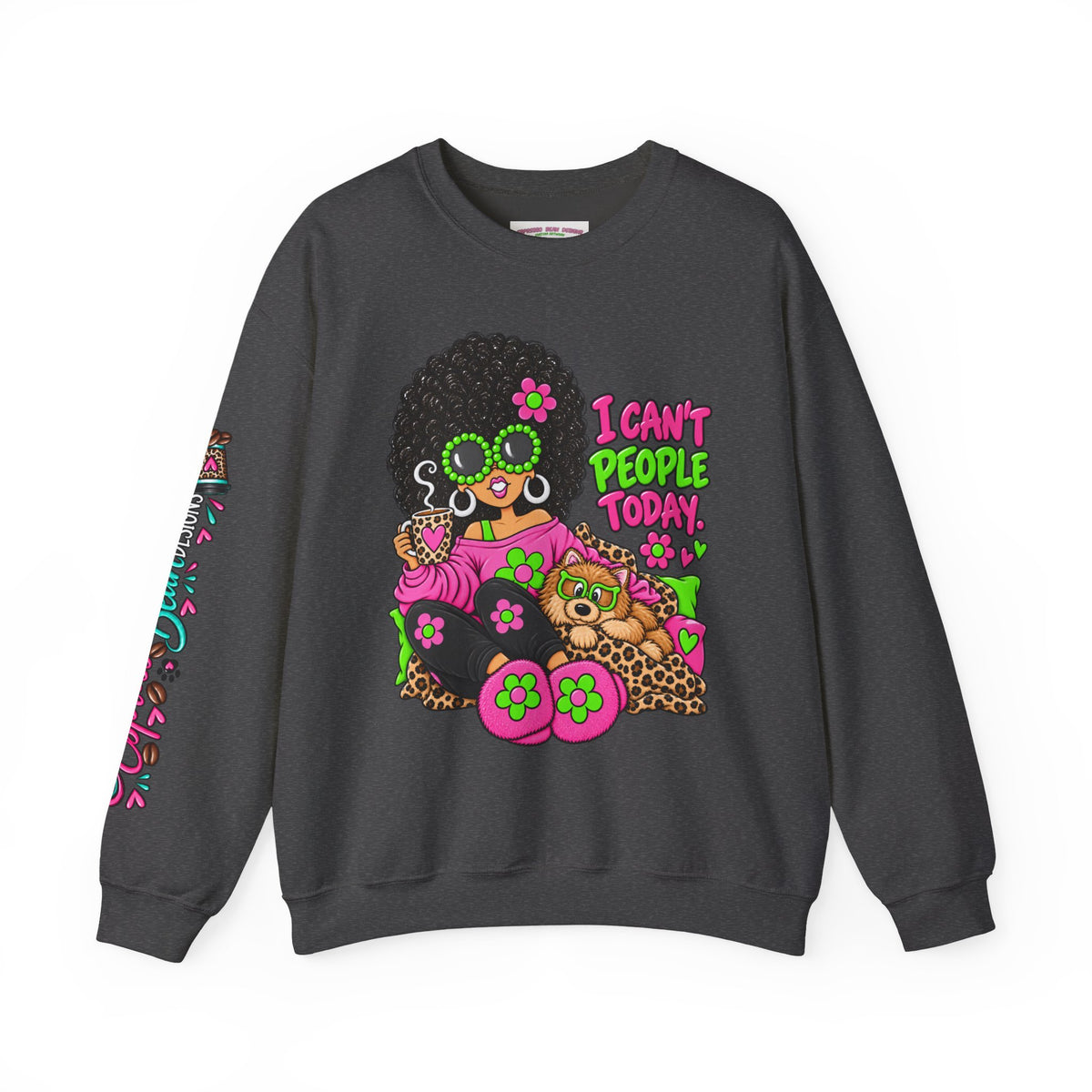 Crewneck Sweatshirt — Retro 'I Can't People Today' Girl & Leopard Graphic