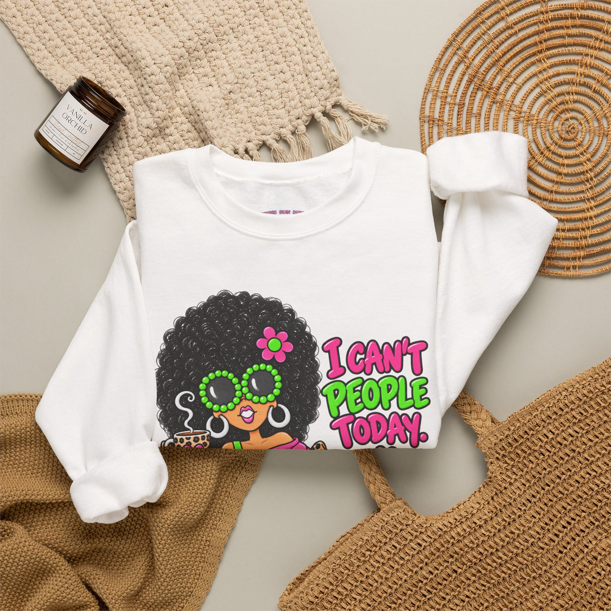 Crewneck Sweatshirt — Retro 'I Can't People Today' Girl & Leopard Graphic