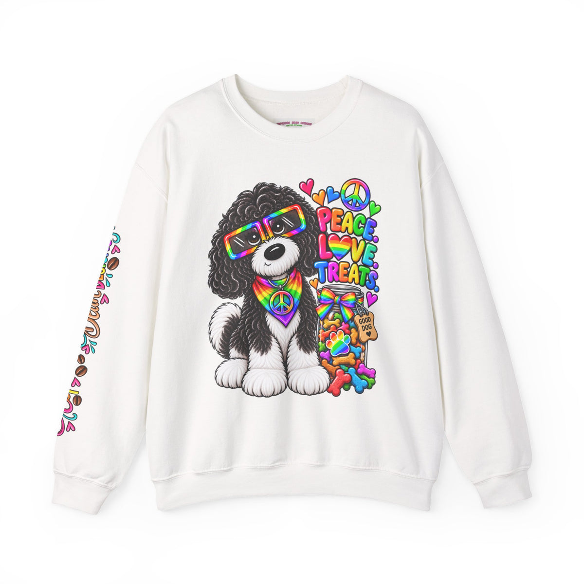 Peace, Love & Treats Dog Sweatshirt — Retro Hippie Puppy Crewneck