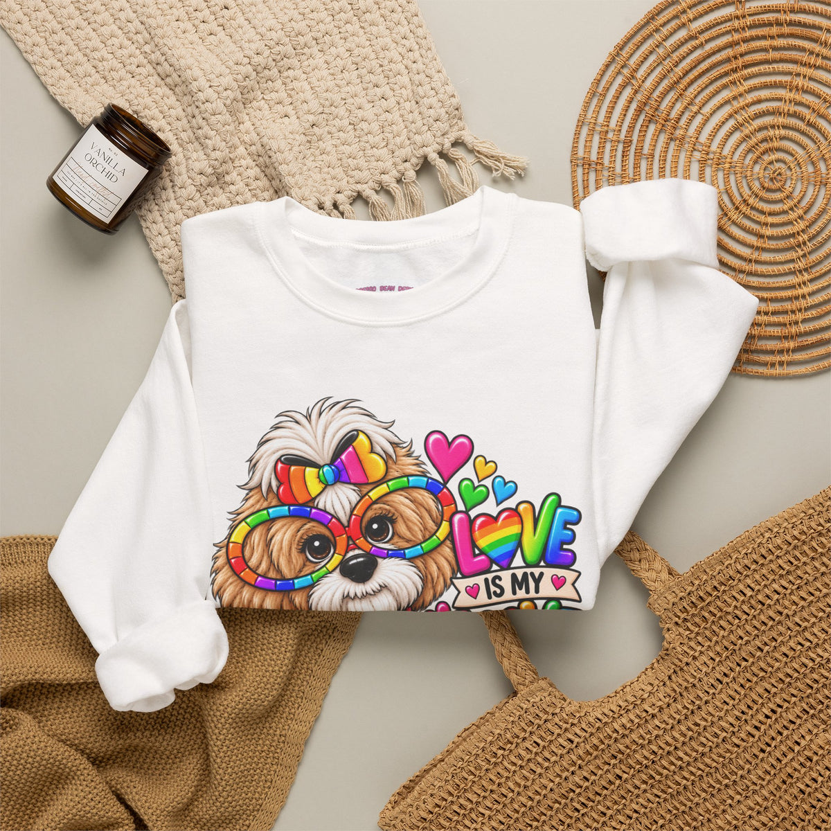 Rainbow Pup Crewneck Sweatshirt — "Love Is My Love Language" Cute Pride Dog Graphic
