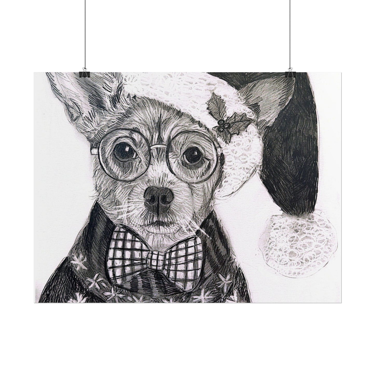Brutus in Santa Hat Rolled Poster — Holiday Dog Art Print