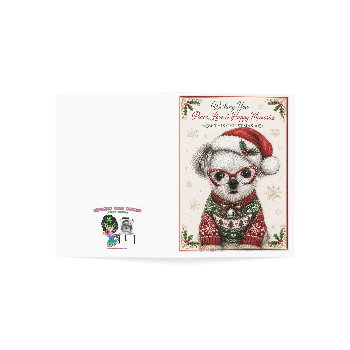 Christmas Puppy Holiday Greeting Cards — 'Wishing You Peace, Love & Happy Memories' (1/10/30/50pcs)