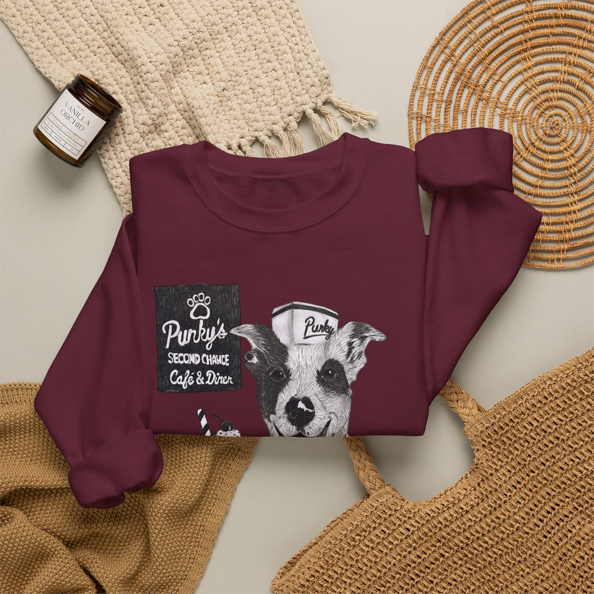 Dog Crewneck Sweatshirt — 'Meet Punky' Rescue Cafe Graphic
