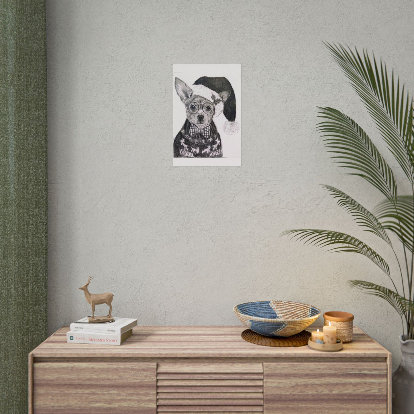 Brutus in Santa Hat Rolled Poster — Holiday Dog Art Print