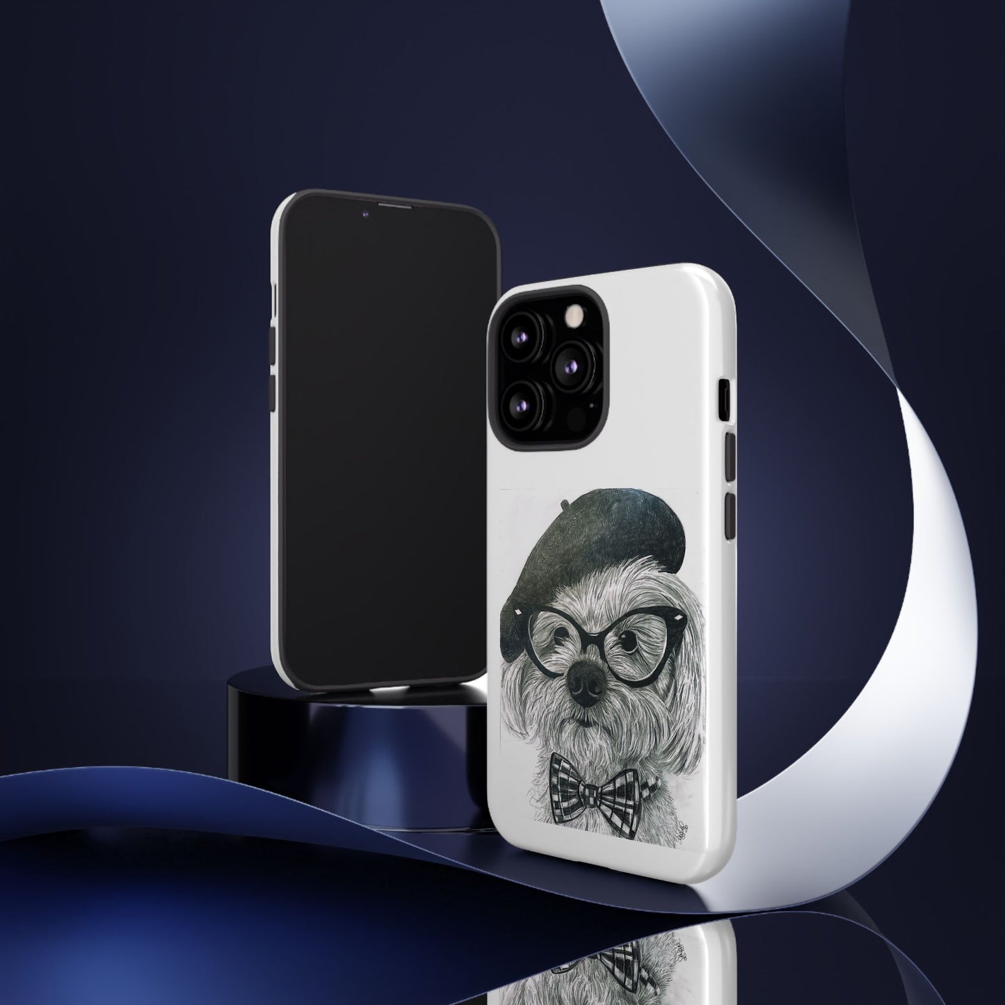 Dog Portrait Phone Case — Dexter with Beret, Glasses & Bow Tie