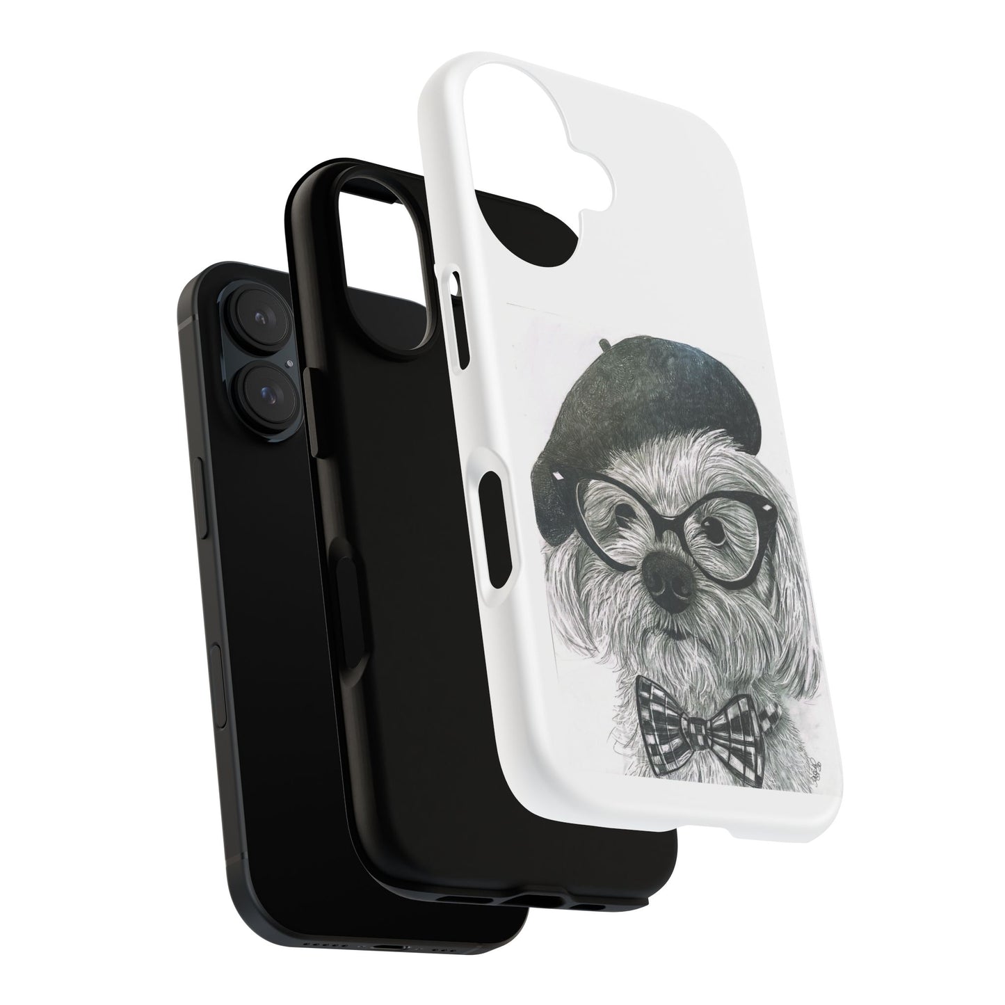 Dog Portrait Phone Case — Dexter with Beret, Glasses & Bow Tie