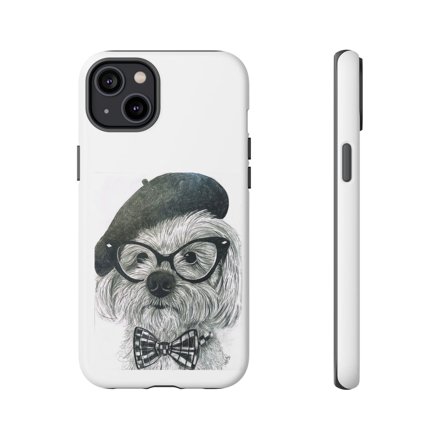 Dog Portrait Phone Case — Dexter with Beret, Glasses & Bow Tie