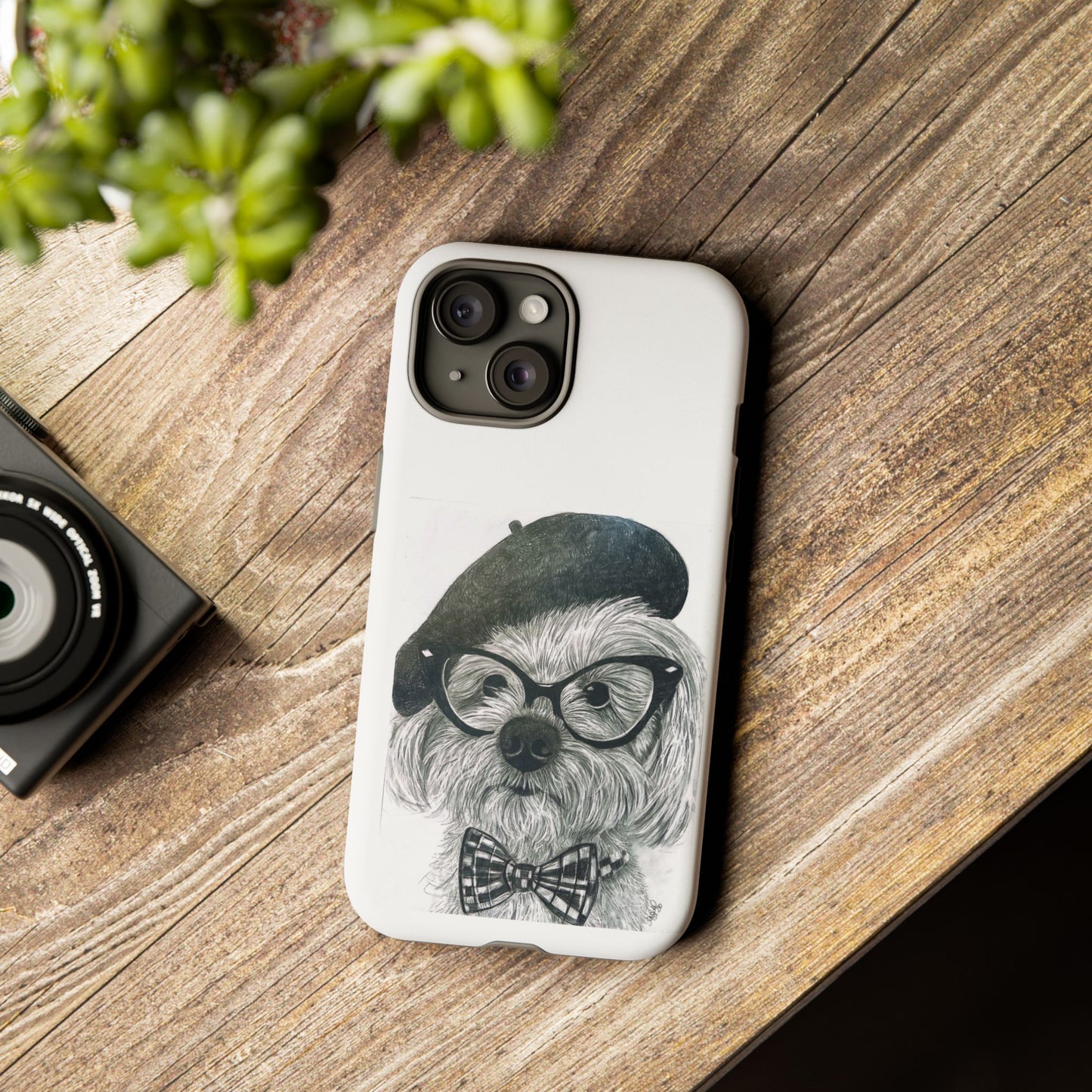 Dog Portrait Phone Case — Dexter with Beret, Glasses & Bow Tie