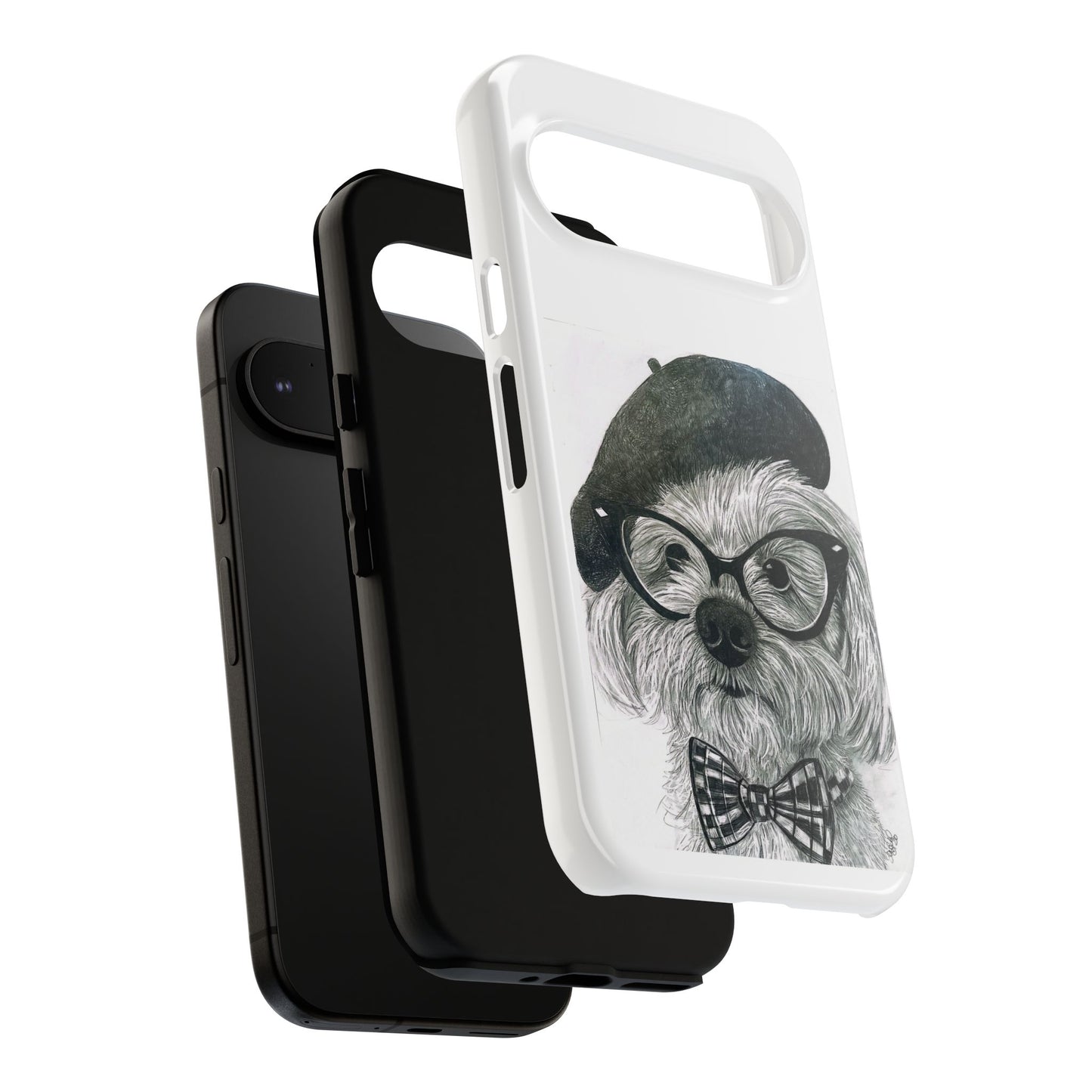 Dog Portrait Phone Case — Dexter with Beret, Glasses & Bow Tie