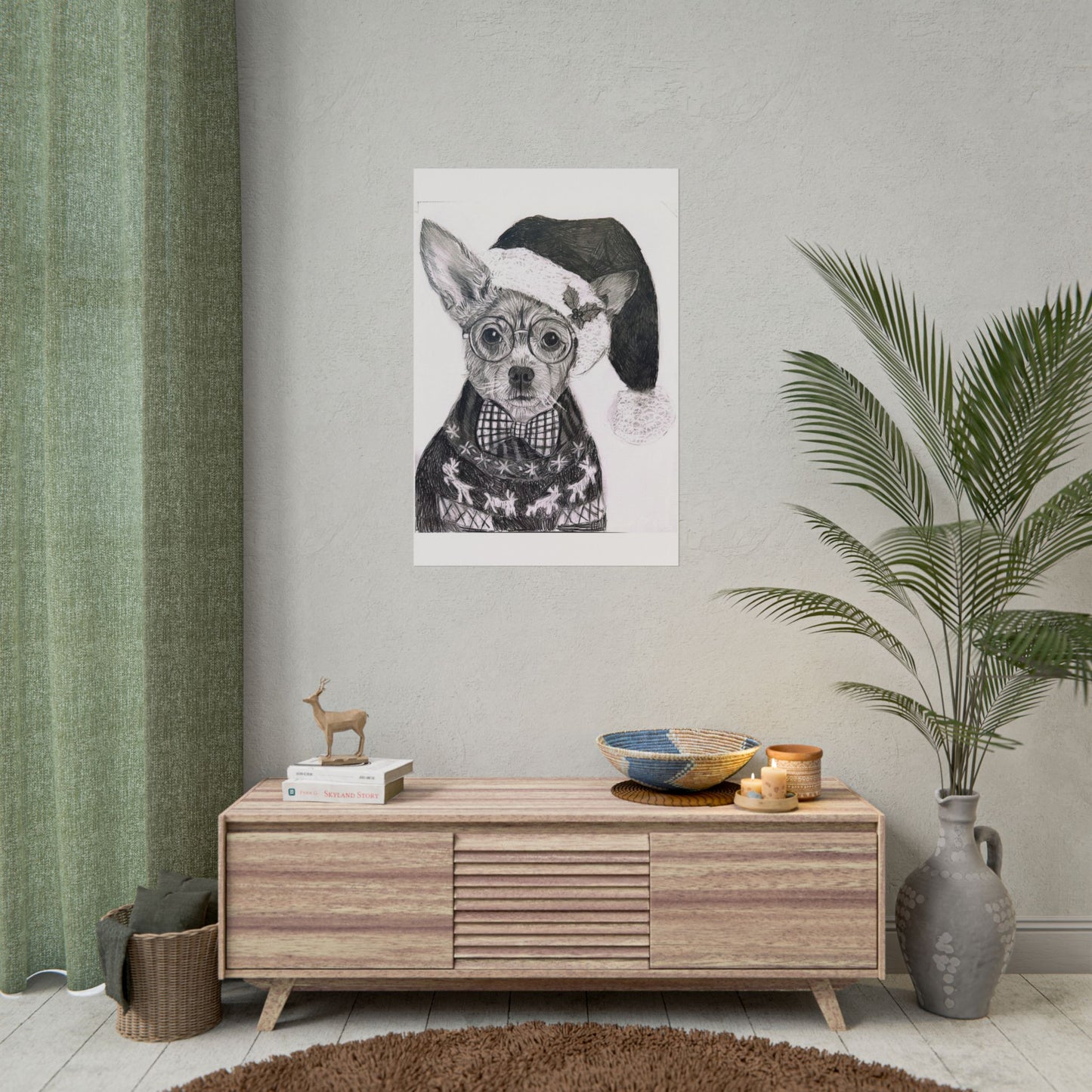 Brutus in Santa Hat Rolled Poster — Holiday Dog Art Print