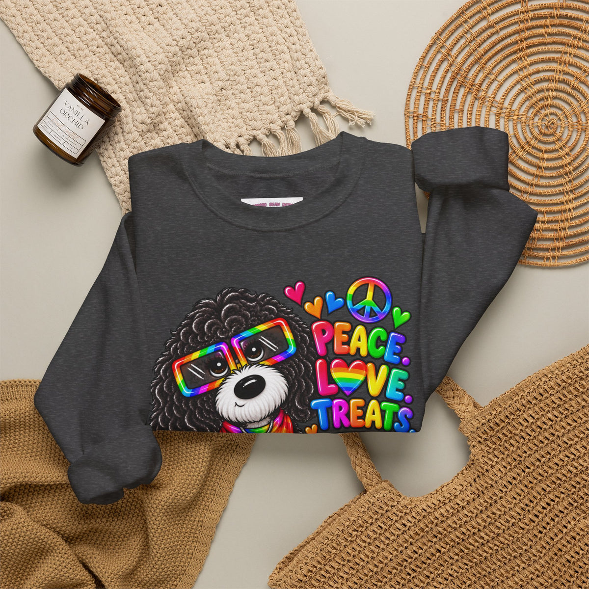 Peace, Love & Treats Dog Sweatshirt — Retro Hippie Puppy Crewneck