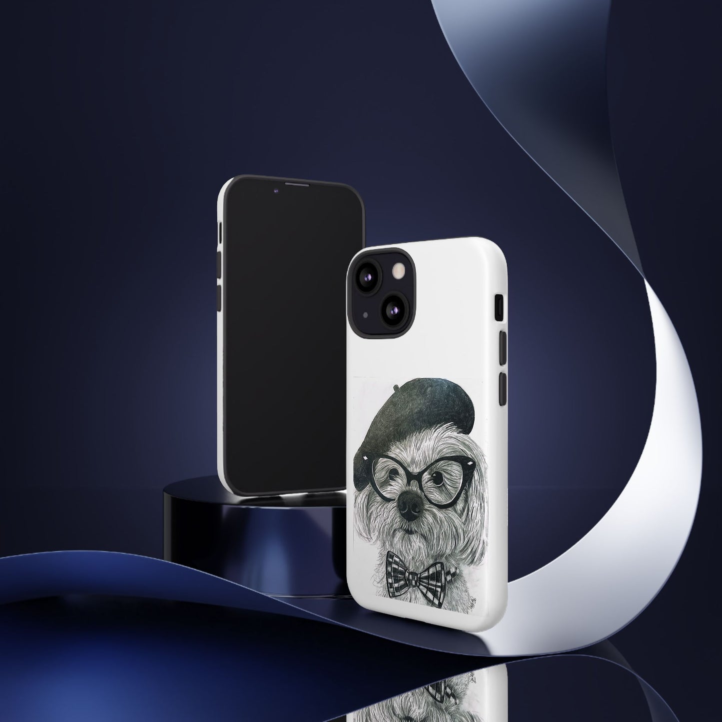 Dog Portrait Phone Case — Dexter with Beret, Glasses & Bow Tie