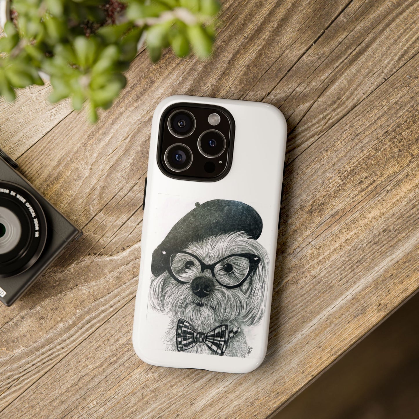 Dog Portrait Phone Case — Dexter with Beret, Glasses & Bow Tie