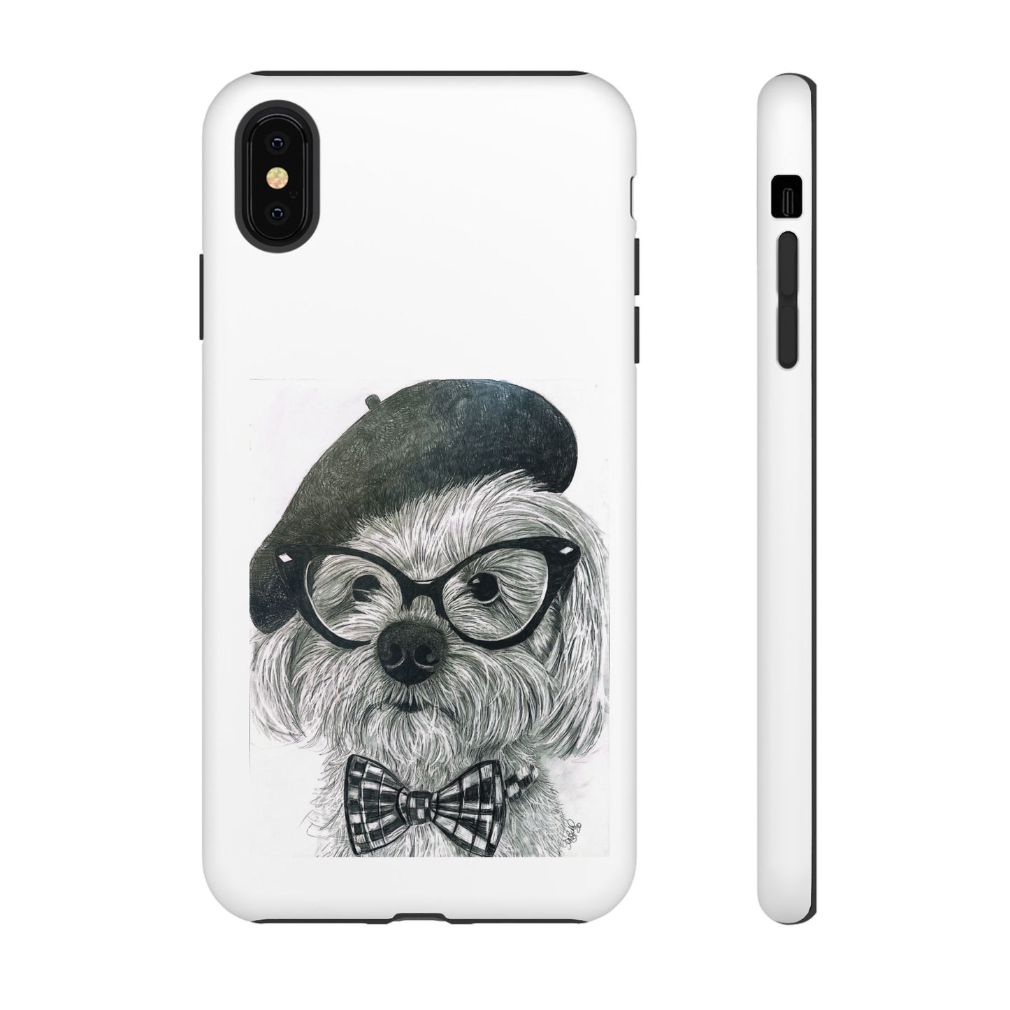 Dog Portrait Phone Case — Dexter with Beret, Glasses & Bow Tie
