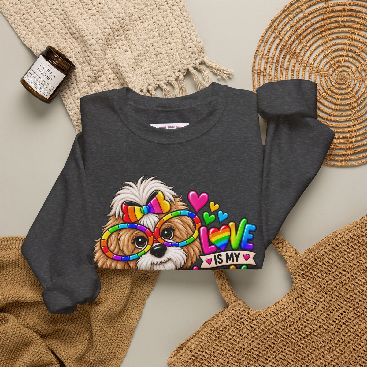 Rainbow Pup Crewneck Sweatshirt — "Love Is My Love Language" Cute Pride Dog Graphic