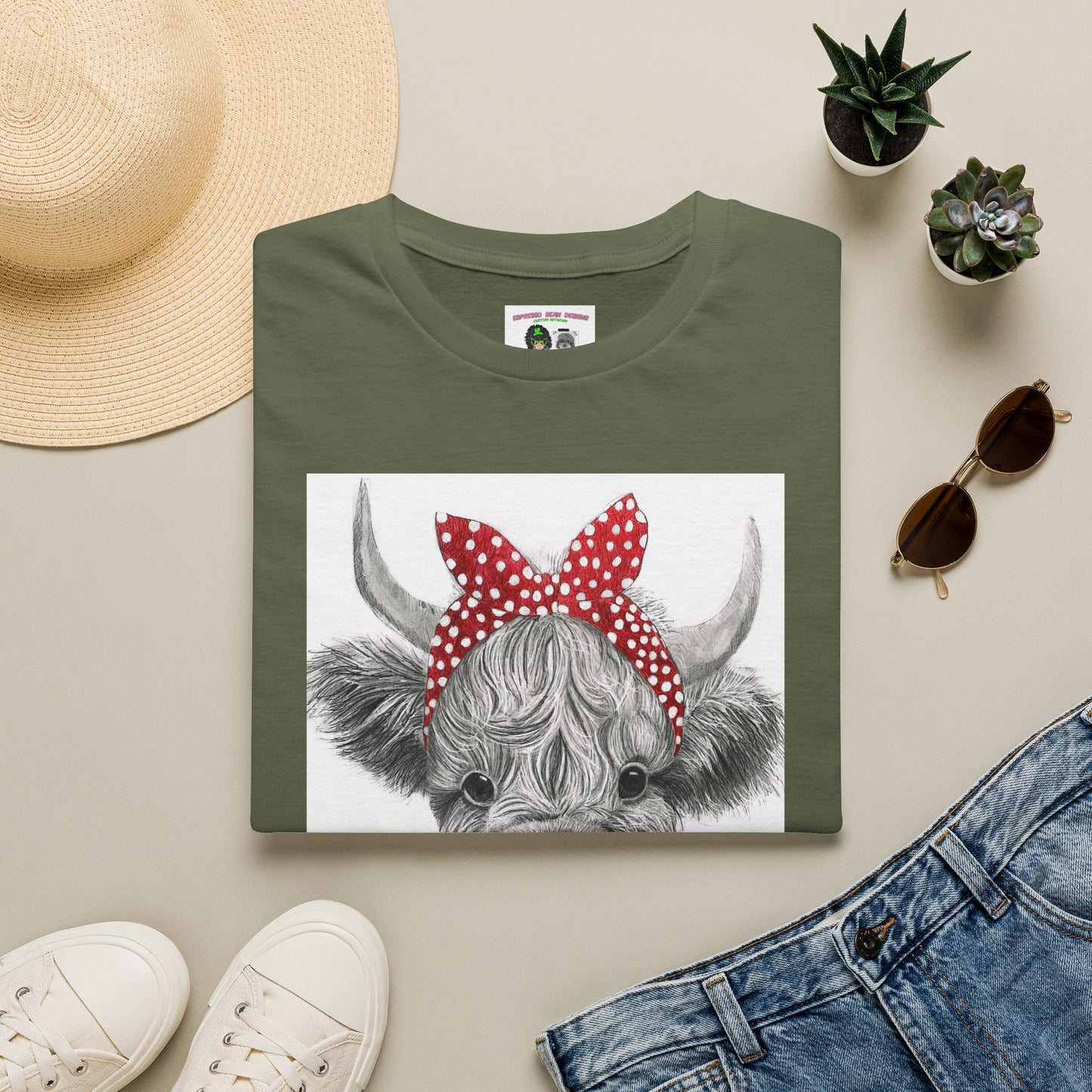 Highland Cow T-Shirt — Cute Cow Face with Red Polka Dot Bandana