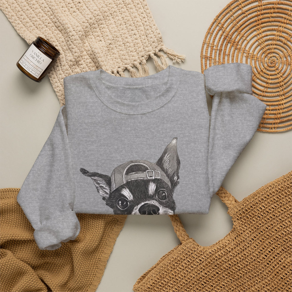 Fang Crewneck Sweatshirt — Retro Pup Graphic with Script Sleeve