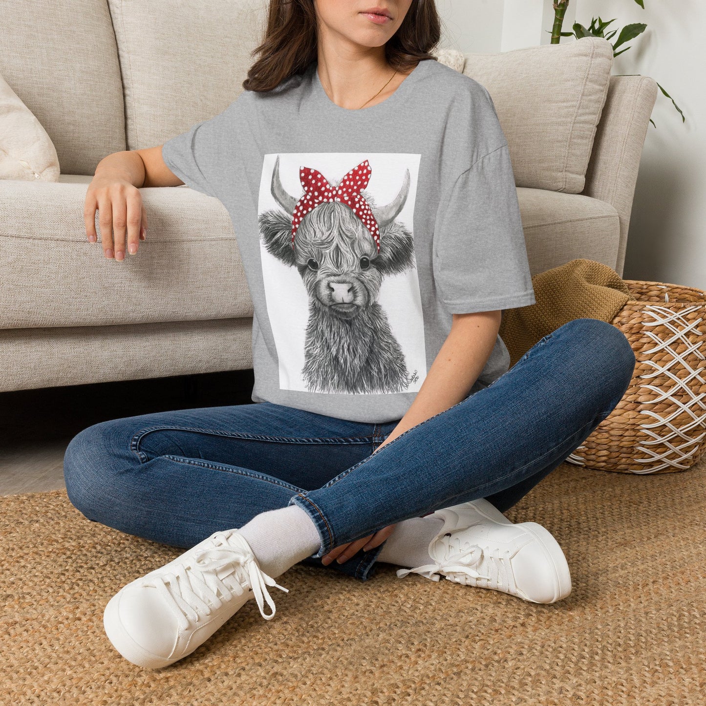 Highland Cow T-Shirt — Cute Cow Face with Red Polka Dot Bandana