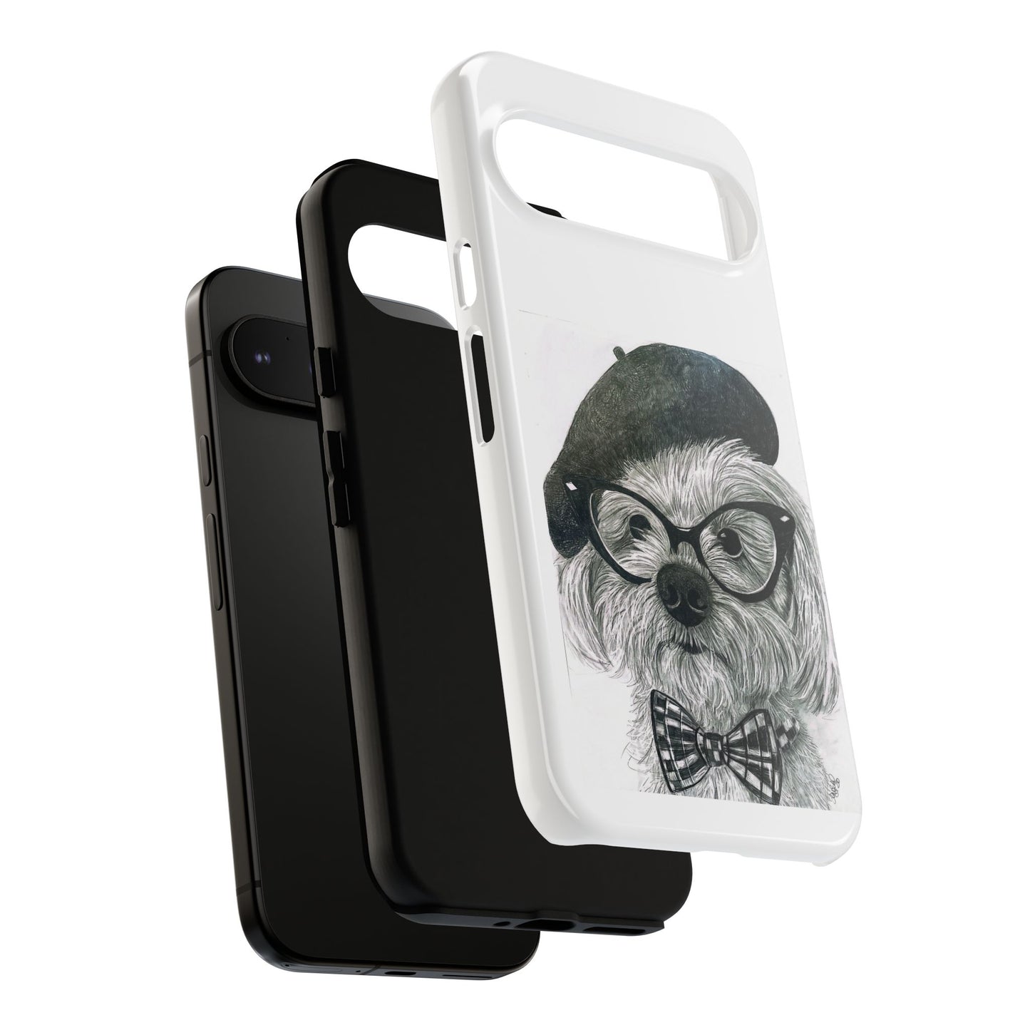 Dog Portrait Phone Case — Dexter with Beret, Glasses & Bow Tie