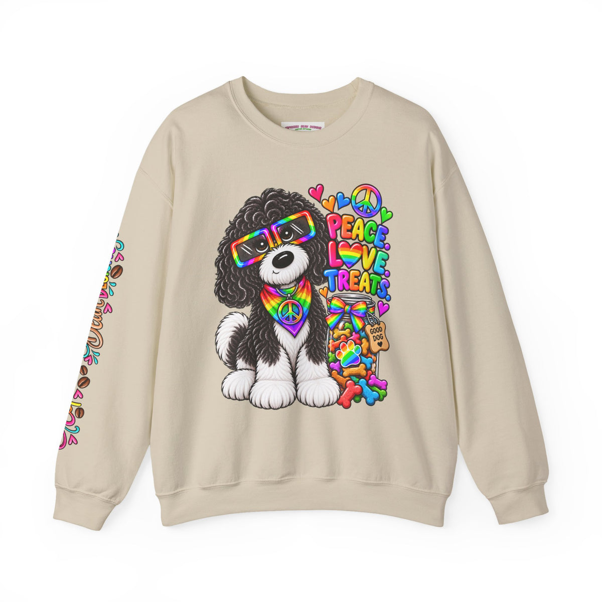 Peace, Love & Treats Dog Sweatshirt — Retro Hippie Puppy Crewneck