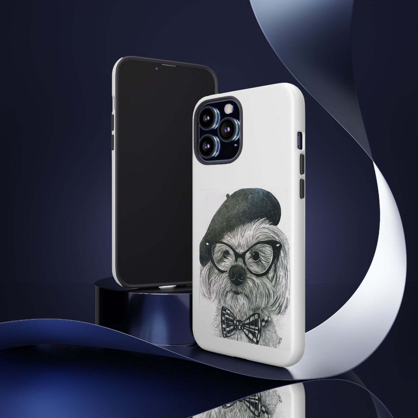 Dog Portrait Phone Case — Dexter with Beret, Glasses & Bow Tie
