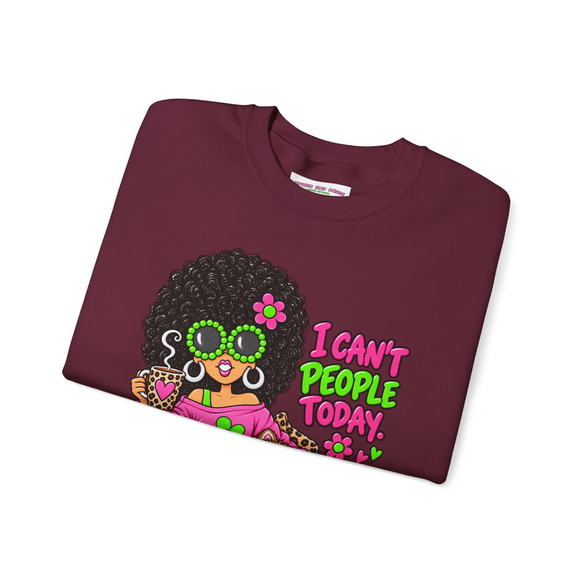 Crewneck Sweatshirt — Retro 'I Can't People Today' Girl & Leopard Graphic