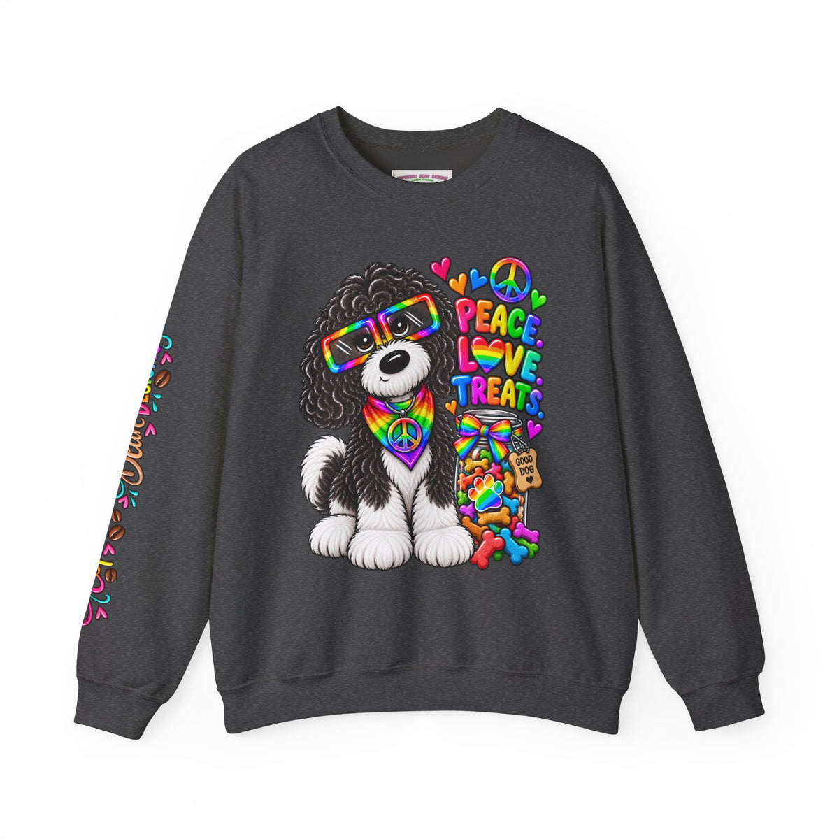 Peace, Love & Treats Dog Sweatshirt — Retro Hippie Puppy Crewneck