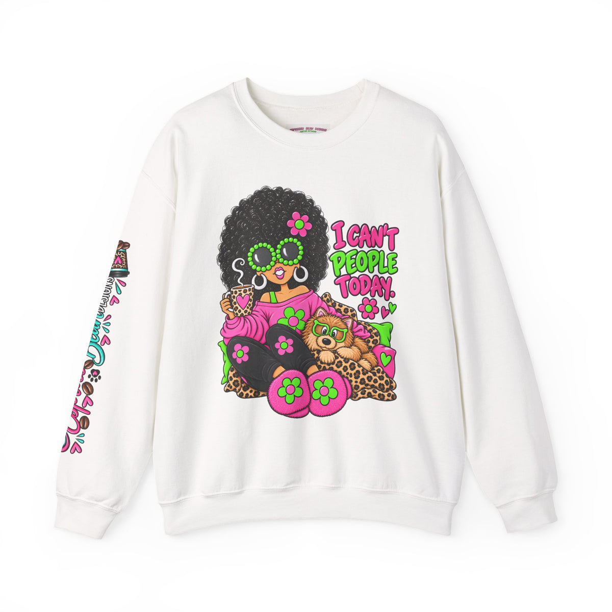 Crewneck Sweatshirt — Retro 'I Can't People Today' Girl & Leopard Graphic