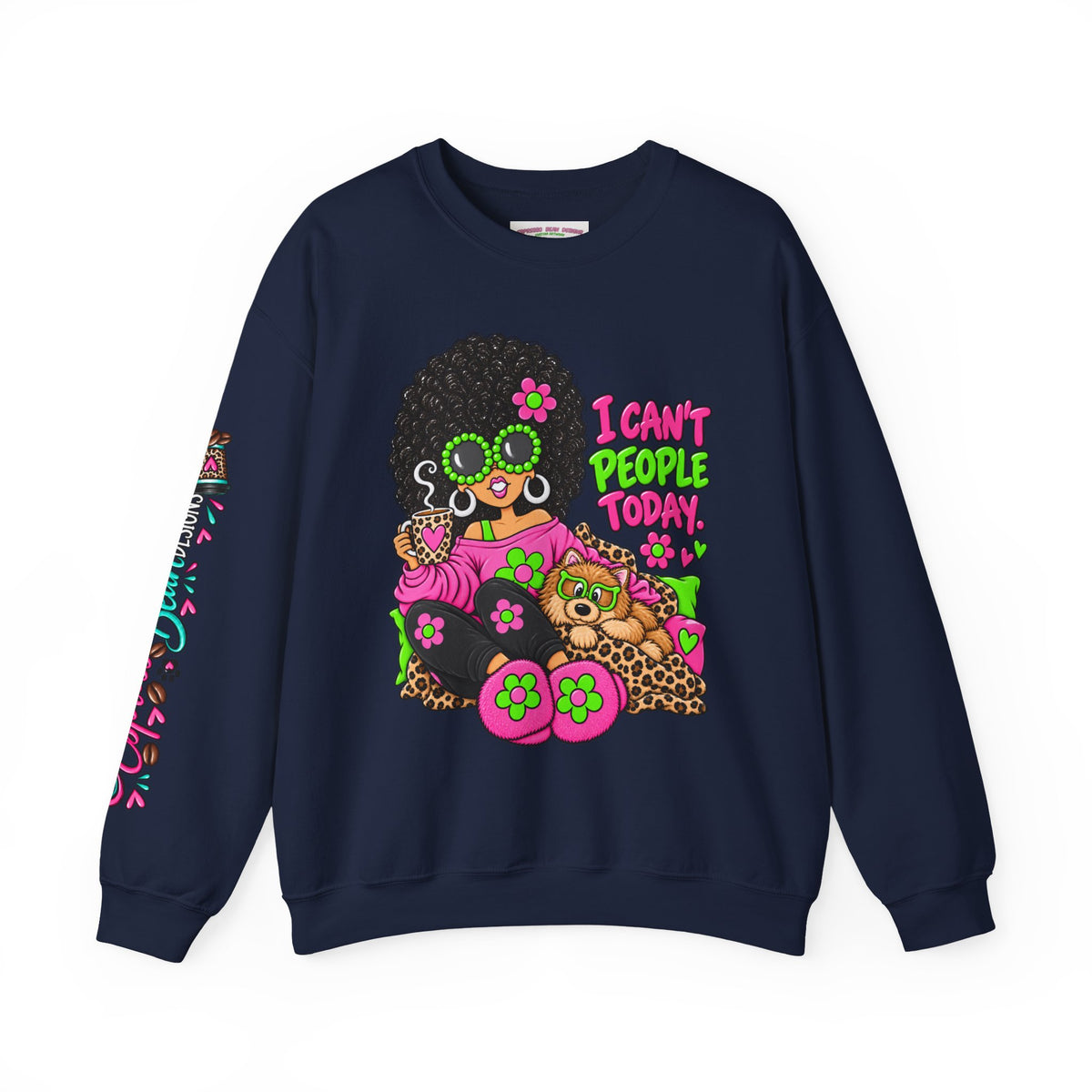 Crewneck Sweatshirt — Retro 'I Can't People Today' Girl & Leopard Graphic