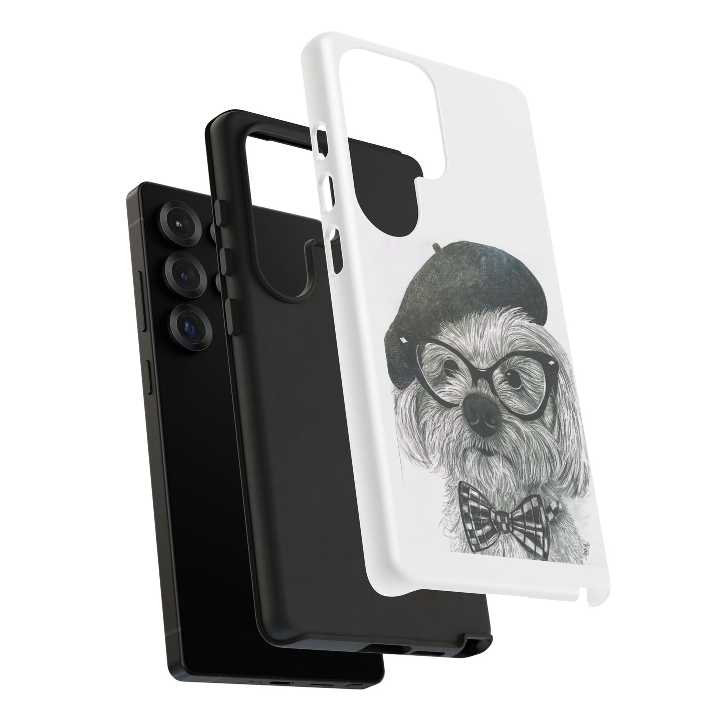 Dog Portrait Phone Case — Dexter with Beret, Glasses & Bow Tie