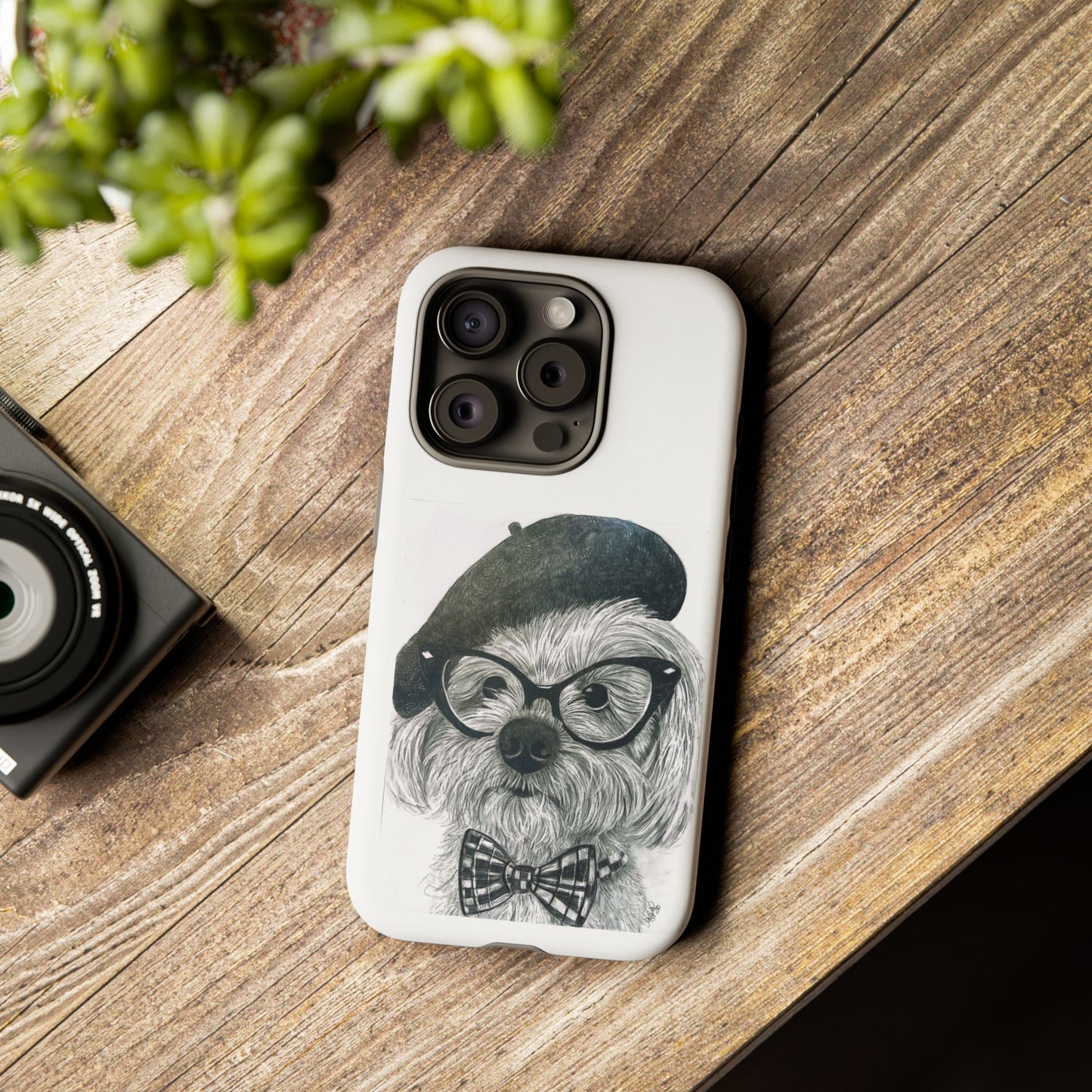 Dog Portrait Phone Case — Dexter with Beret, Glasses & Bow Tie
