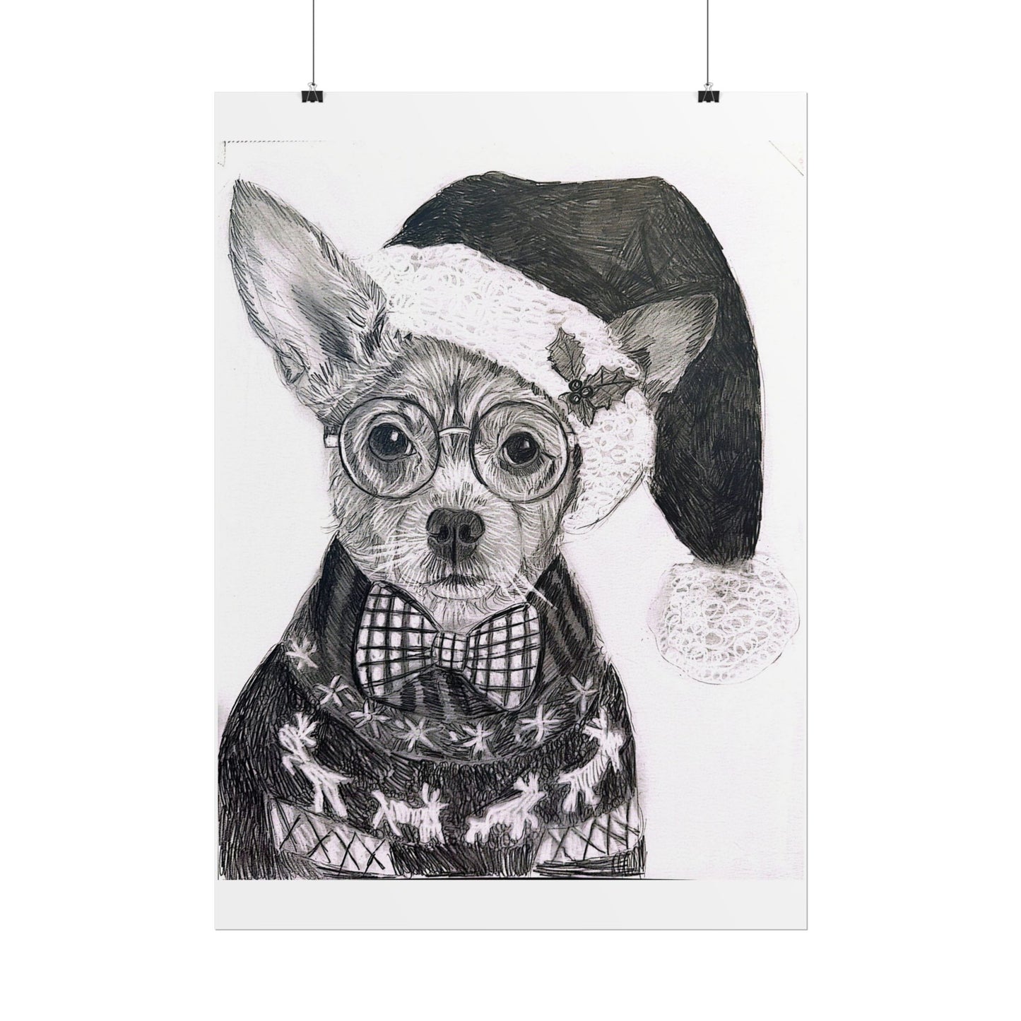 Brutus in Santa Hat Rolled Poster — Holiday Dog Art Print