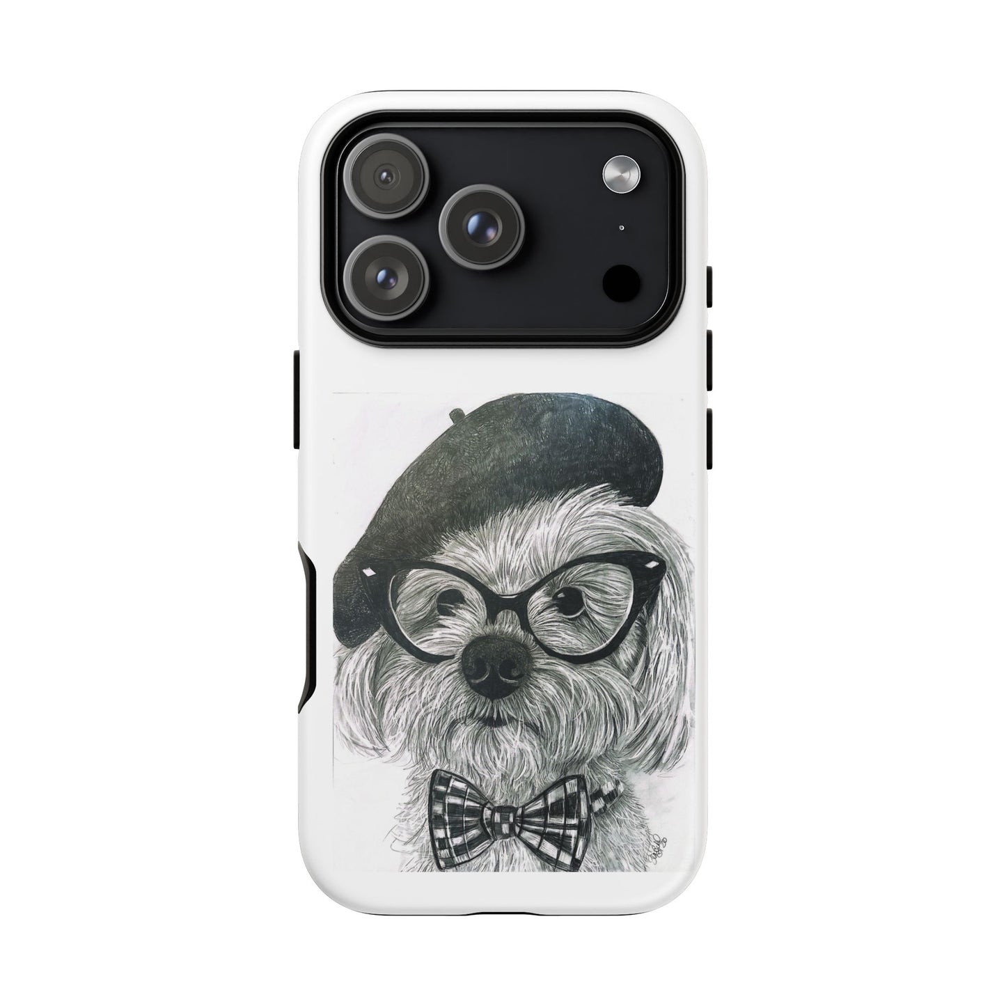 Dog Portrait Phone Case — Dexter with Beret, Glasses & Bow Tie