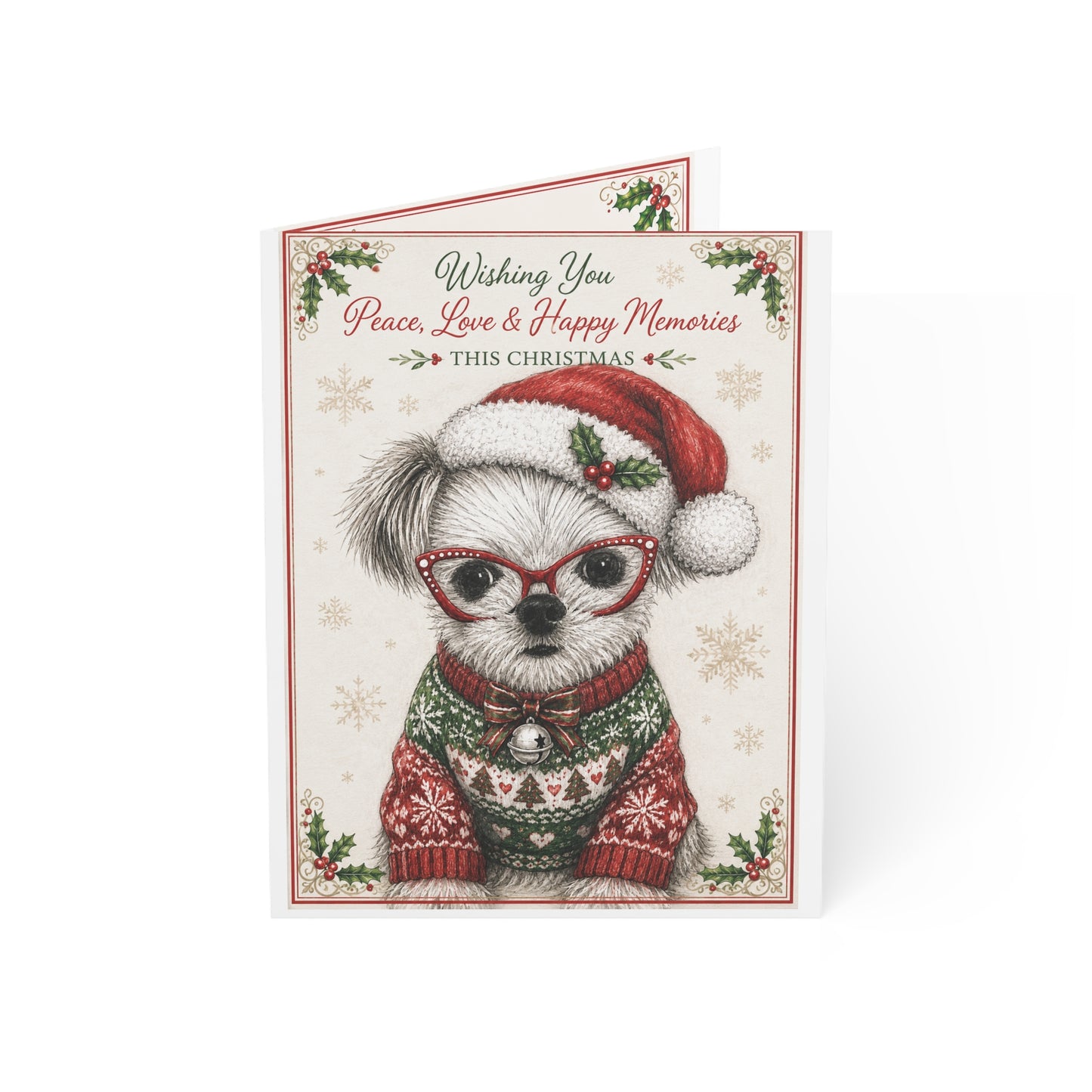 Christmas Puppy Holiday Greeting Cards — 'Wishing You Peace, Love & Happy Memories' (1/10/30/50pcs)