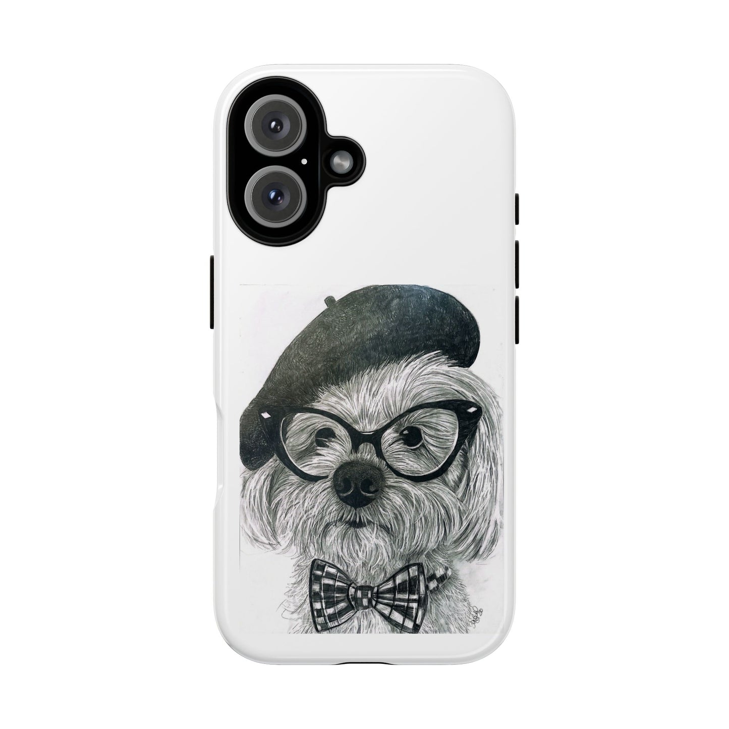 Dog Portrait Phone Case — Dexter with Beret, Glasses & Bow Tie
