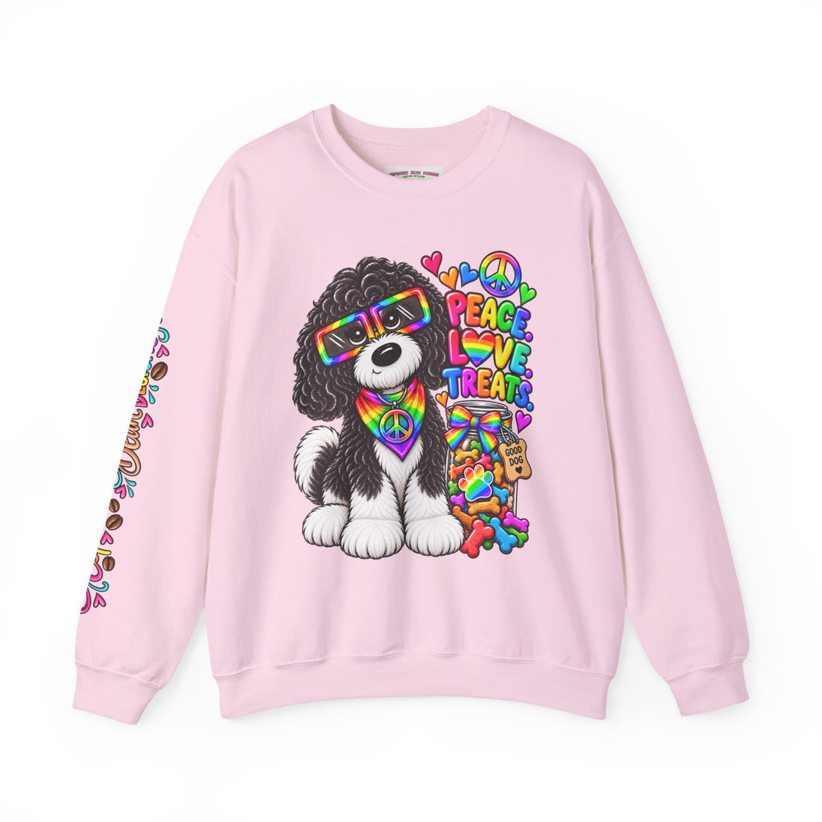 Peace, Love & Treats Dog Sweatshirt — Retro Hippie Puppy Crewneck