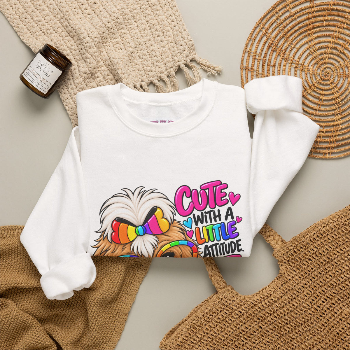 Cute Dog Crewneck Sweatshirt — "Cute With A Little Attitude" Colorful Puppy Design