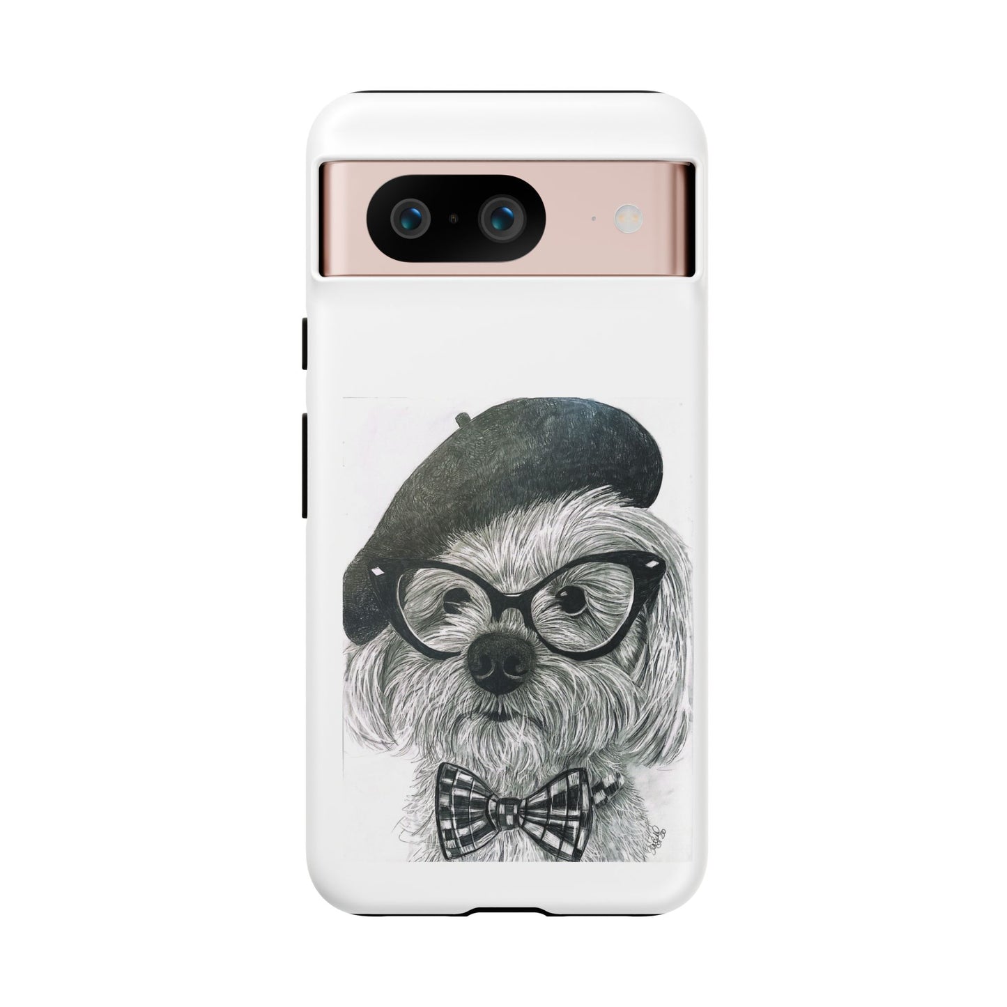 Dog Portrait Phone Case — Dexter with Beret, Glasses & Bow Tie