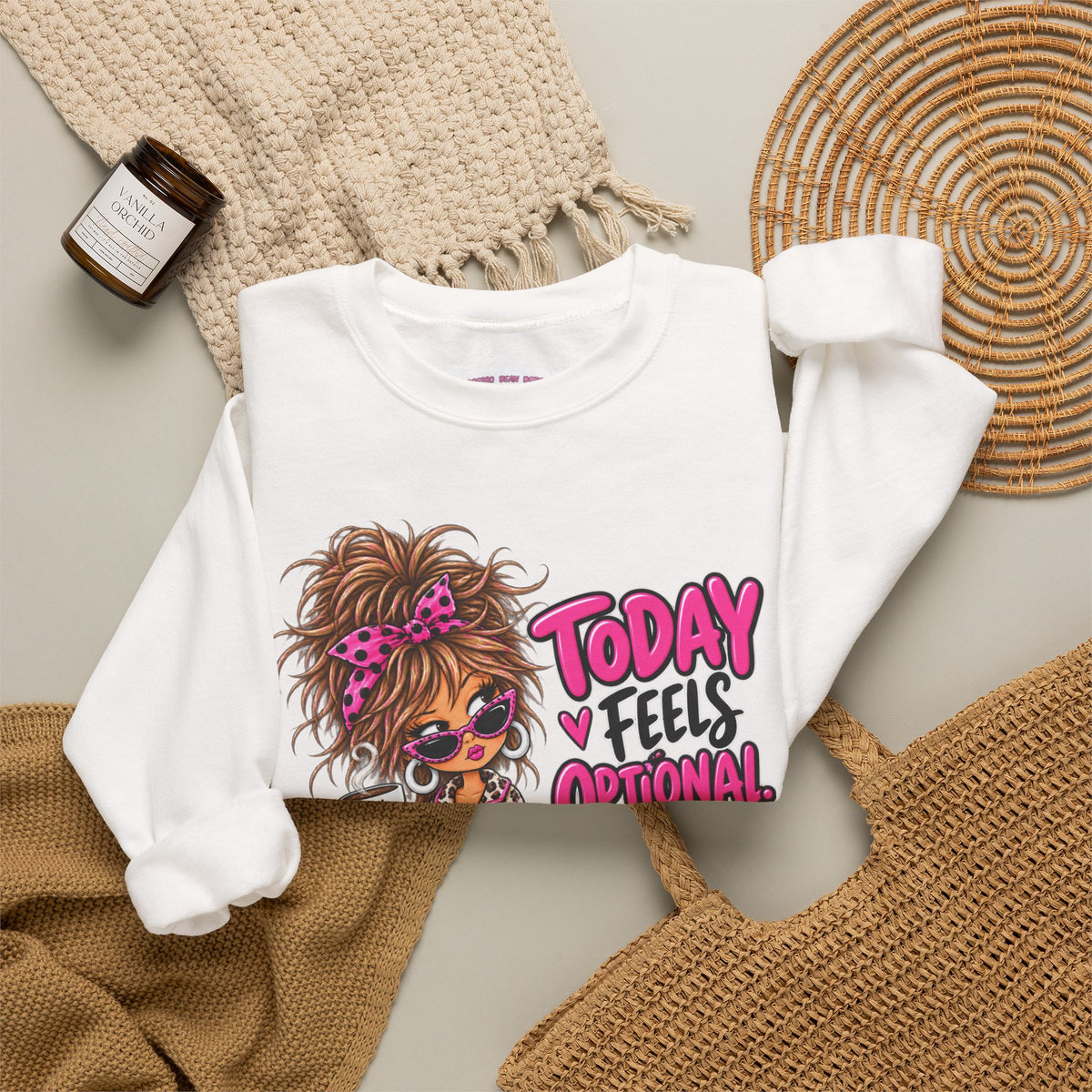 Crewneck Sweatshirt — "Today I Feel Optional" Cute Leopard Girl Graphic