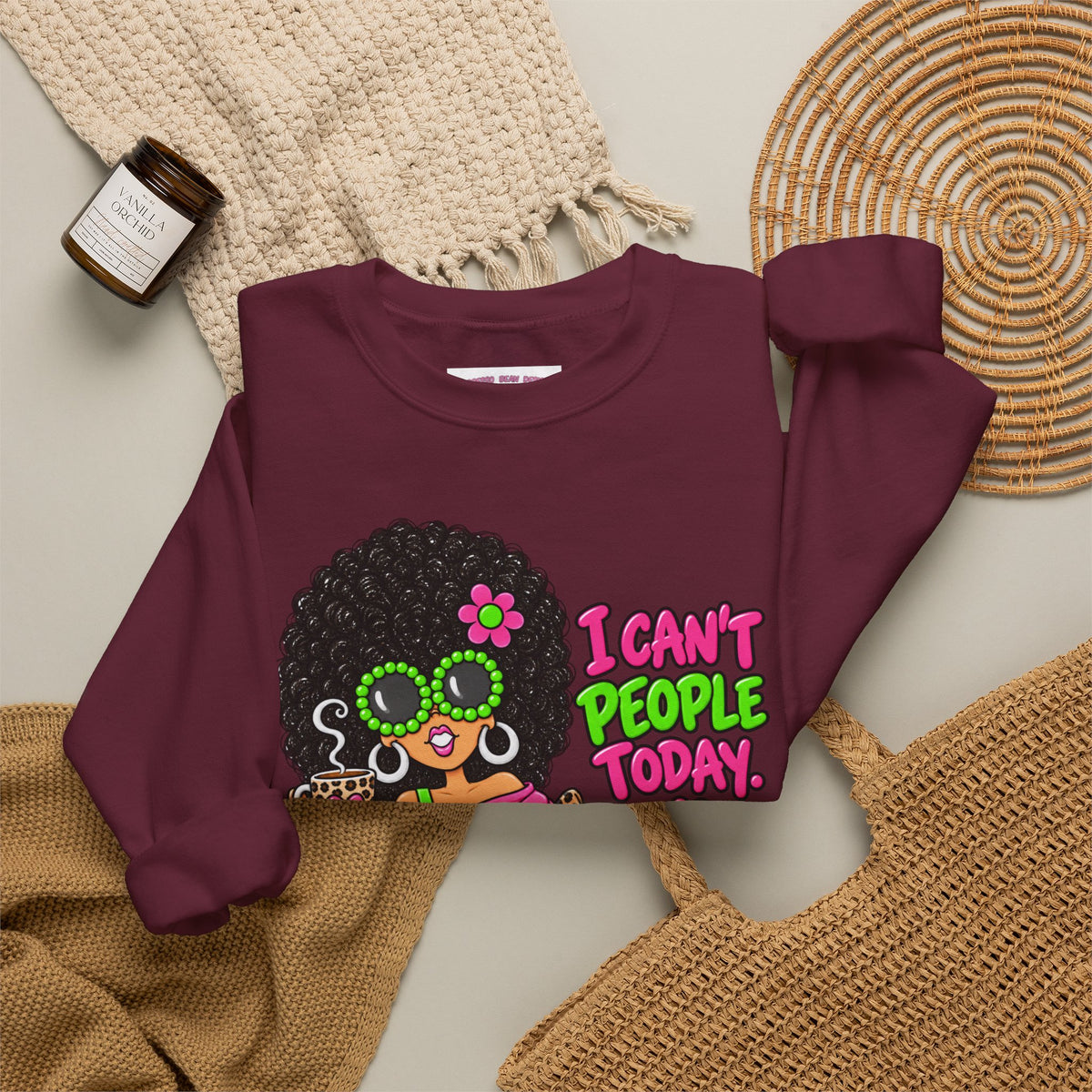 Crewneck Sweatshirt — Retro 'I Can't People Today' Girl & Leopard Graphic