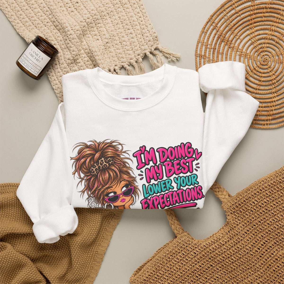 I'm Doing My Best Crewneck Sweatshirt — Cute Girl & Puppy Graphic