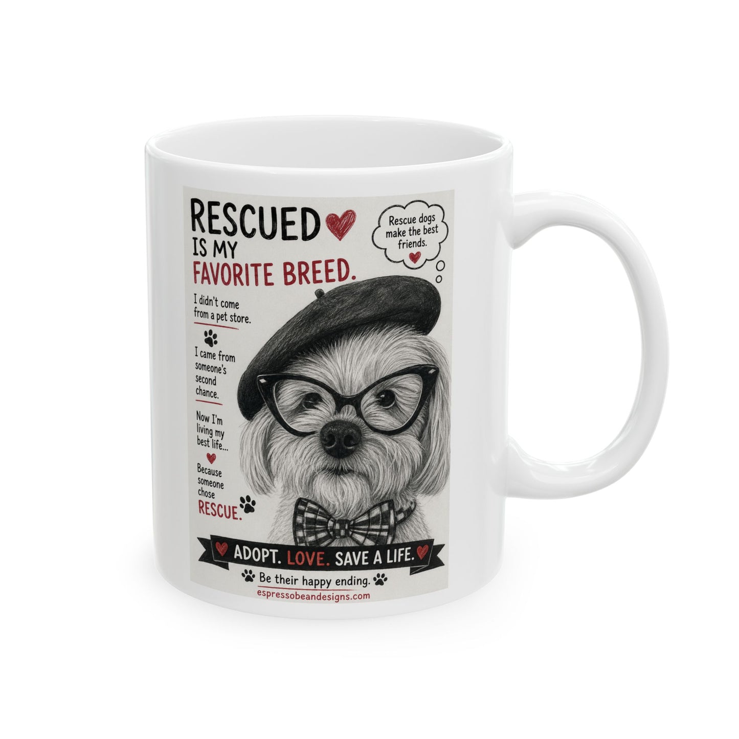 Rescue Dog Lover Mug — “Rescue Is My Favorite Breed” Ceramic Coffee Cup (11oz/15oz)