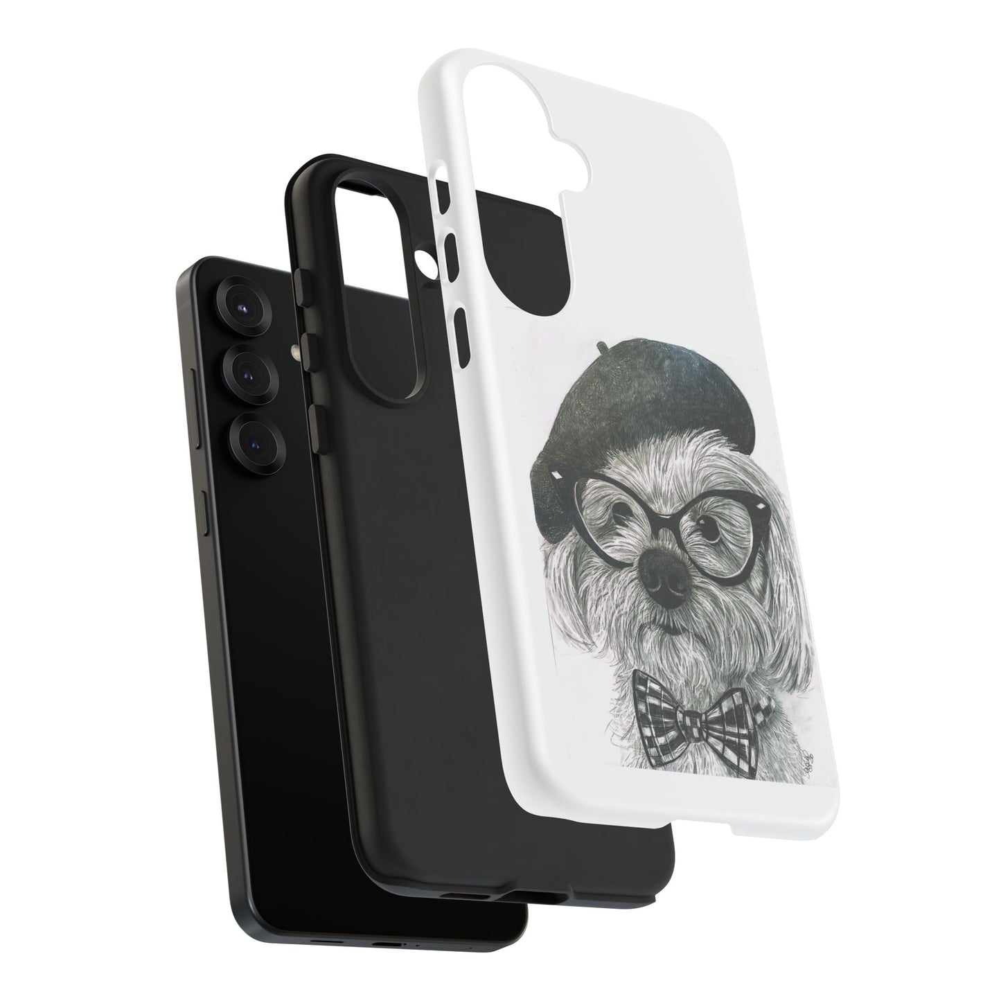 Dog Portrait Phone Case — Dexter with Beret, Glasses & Bow Tie