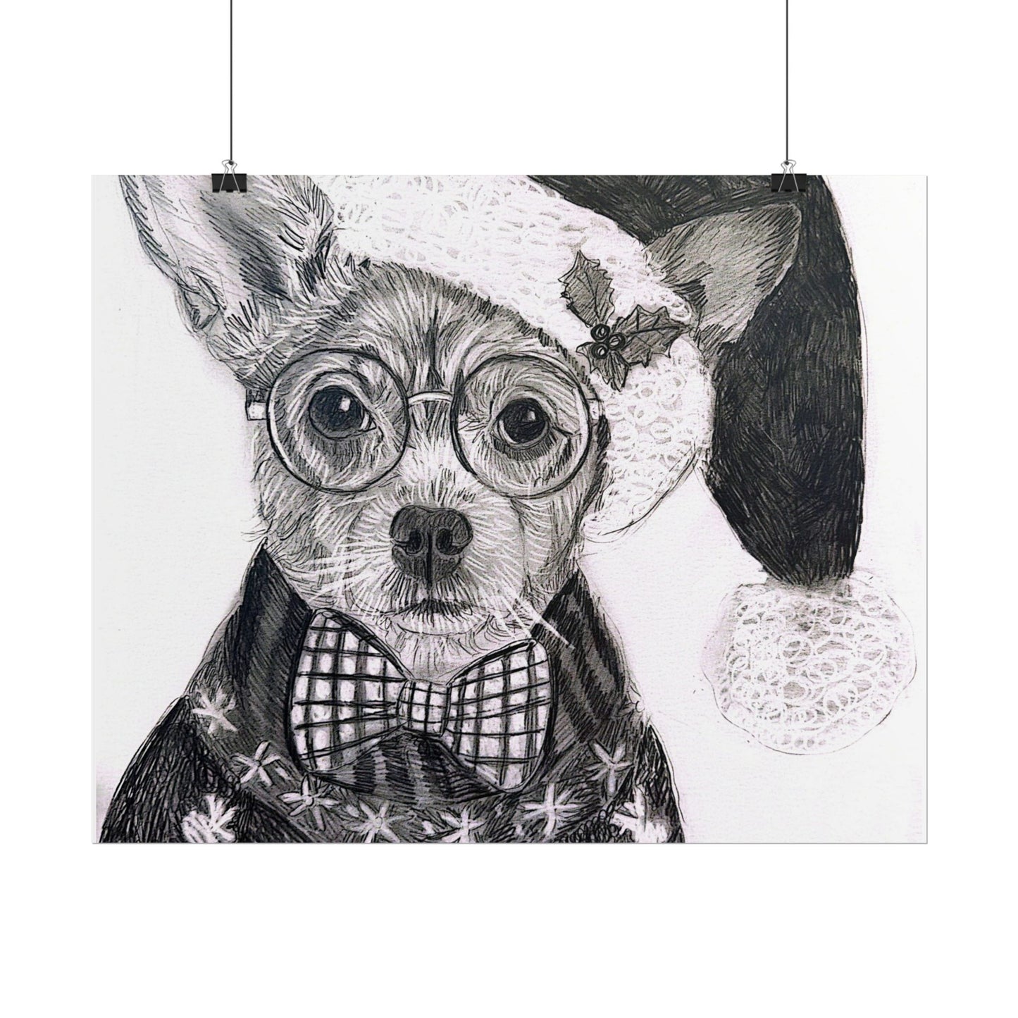 Brutus in Santa Hat Rolled Poster — Holiday Dog Art Print
