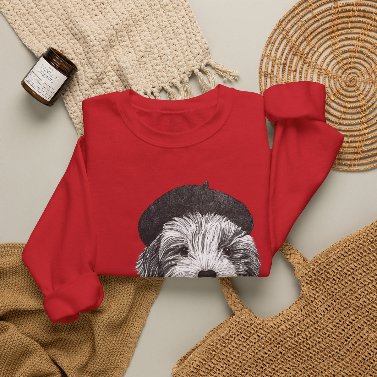 French Pup Pierre Coffee Sweatshirt — Cute Puppy in Beret Graphic Crewneck