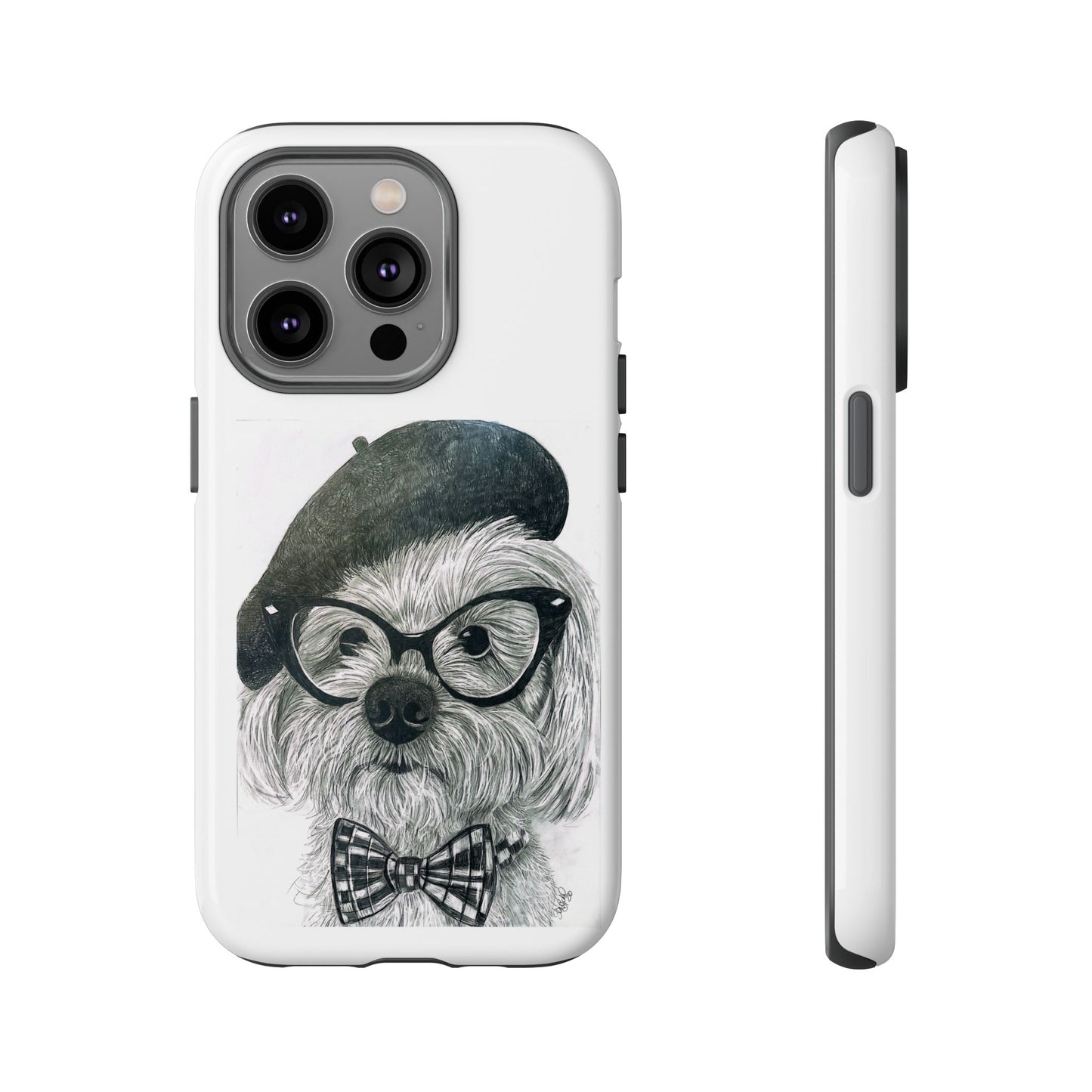 Dog Portrait Phone Case — Dexter with Beret, Glasses & Bow Tie